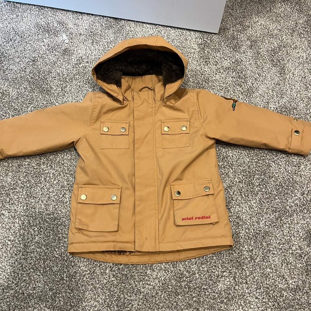 Mini Rodini Beige Jacket with Dark Gray Faux Fur Lining